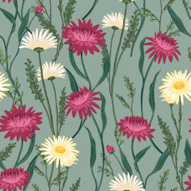  Yabani çiçeklerin el çizimi vektör pürüzsüz desen. Saha bitkilerinin soyut botanik çizimleri. Renkli, çiçekli bir arka plan. Duvar kağıdı, kumaş, baskı, dekor, kart, tekstil, ambalaj için yumuşak tasarım.