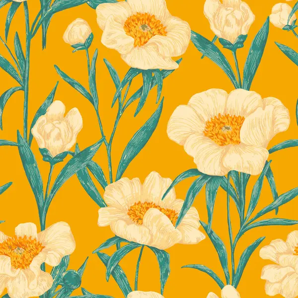 Şakayık Claire de Lune bitkileri pürüzsüz desen. El çizimi vektör çizimi. Gerçekçi botanik geçmişi. Kır çiçekleri eskizi. Renkli vintage tasarım, baskı, kumaş, tekstil, paket, duvar kağıdı.