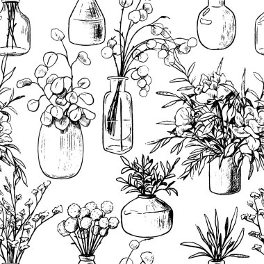 Elle çizilmiş vektör pürüzsüz desen. Vazoların, şişelerin, saksıların ve bitkilerin eskizleri. Nazik çiçek arkaplanı. Orijinal botanik duvar kağıdı. Paket, tekstil, kartpostal, baskı için.