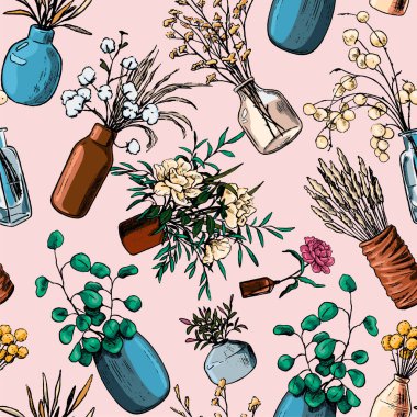 Elle çizilmiş vektör pürüzsüz desen. Vazoların, şişelerin, saksıların ve bitkilerin eskizleri. Renkli çiçek arkaplanı. Orijinal botanik duvar kağıdı. Paket, tekstil, kartpostal, baskı için.