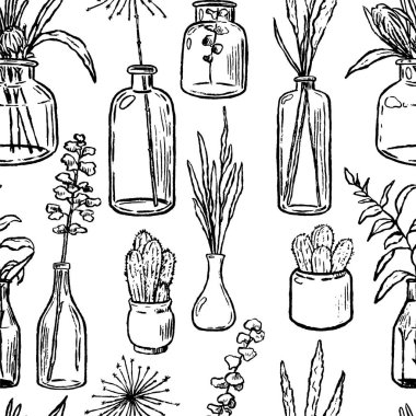 Vintage vektör pürüzsüz desen. Vazoların, şişelerin, saksıların ve bitkilerin grafiksel çizimleri. Nazik çiçek arkaplanı. El yapımı botanik duvar kağıdı. Paket, tekstil, kartpostallar, baskılar vs. için