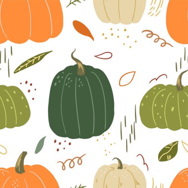 Şirin balkabakları düz elle çizilmiş vektörsüz desen. İskandinav tarzında renkli duvar kağıtları. Sonbahar hasat eskizleri orijinal tasarım, baskılar, ambalaj, tekstil, kumaş, dekor, kart için arka plan çizimleri.