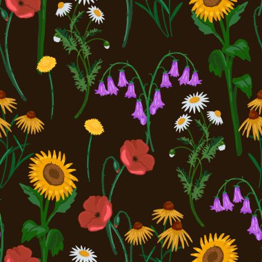 Vahşi çiçekler karikatür vektörü kusursuz desen. Ayçiçeği süsü, sakız, papatya çayı, gelincik, çan çiçeği, karahindiba..