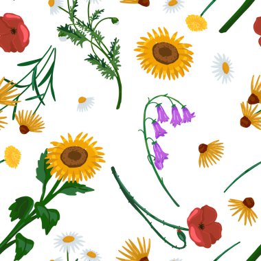 Vahşi çiçekler karikatür vektörü kusursuz desen. Ayçiçeği süsü, sakız, papatya çayı, gelincik, çan çiçeği, karahindiba..