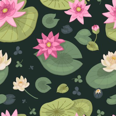 Soyut su zambağı deseni. Nilüfer çiçekli çiçek süsü. Vektör botanik tasarımı.