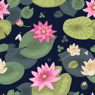 Soyut su zambağı deseni. Nilüfer çiçekli çiçek süsü. Vektör botanik tasarımı.