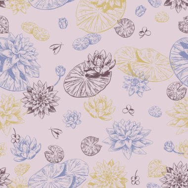 Soyut su zambağı deseni. Nilüfer çiçekli çiçek süsü. Vektör botanik tasarım geçmişi.