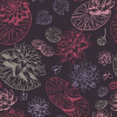 Soyut su zambağı deseni. Nilüfer çiçekli çiçek süsü. Vektör botanik tasarım geçmişi.