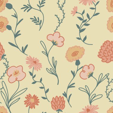 Soyut çiçekler pürüzsüz desenli. Basit bir botanik süsü. Vektör çiçek tasarımı.