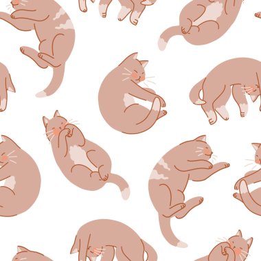 Tatlı uyuyan kedilerin kusursuz deseni. Evcil hayvanlar, kedi süsü. Düz vektör illüstrasyonu.
