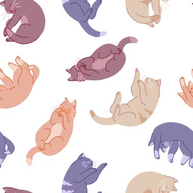 Tatlı uyuyan kedilerin kusursuz deseni. Evcil hayvanlar, kedi süsü. Düz vektör illüstrasyonu.