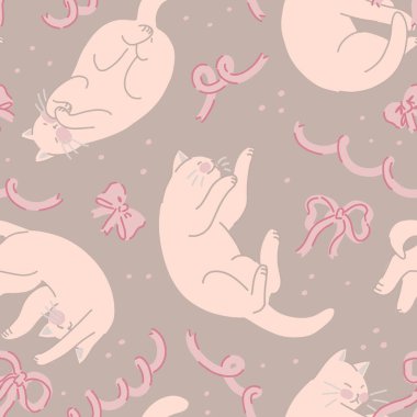 Uyuyan şirin kedi ve fiyonkların kusursuz deseni. Evcil hayvanlar, kedi süsü. Düz vektör illüstrasyonu.