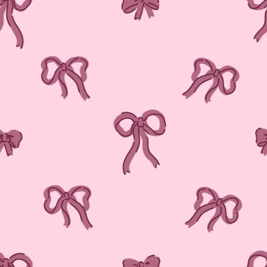 Çeşitli fiyonklarda kusursuz desenler, hediye kurdeleleri, çizgi film tarzında düğümler. Dekorasyon süsü. Tatil için vektör tasarımı.