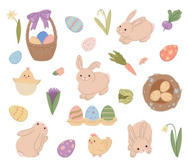 Paskalya bayramı resimlerinin koleksiyonu. Tavşanlar, tavuklar, yumurtalar, ilkbahar çiçekleri....