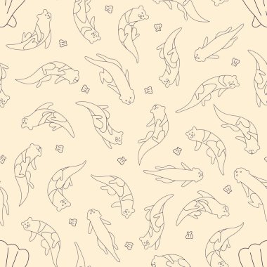 Deniz tarağı desensiz yüzen şirin su samuru. Arka plan çizgisi. Sarı Pastel.