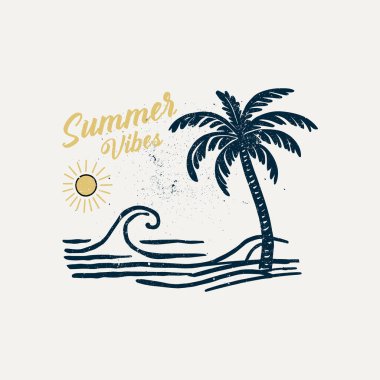 Retro Vintage Summer Vibes tişört tasarımı. Giysiler ve giysiler için Palm Beach Paradise tasarımı