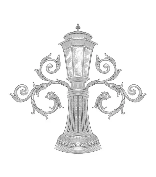 Çiçek süslemeli fener, eski kabartma çizim tarzı illüstrasyon.