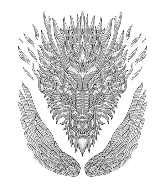 Kanatlı kızgın ejderha kafası, eski oymalı çizim stili.