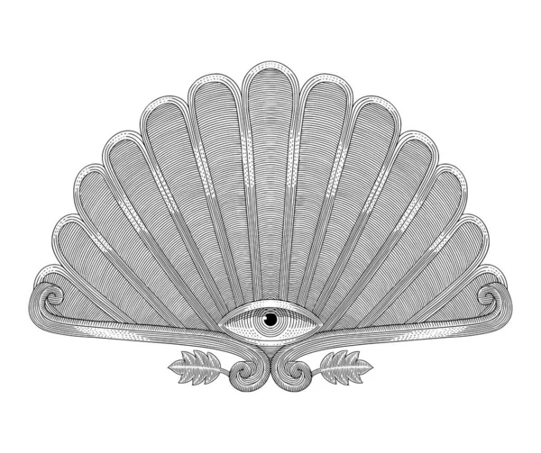 Kabuklu, süslemeli ve yapraklı insan gözü. Vintage oymacılık stili vektör illüzyonu