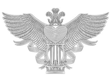 Harpa, taç, kanatlar ve vintage gravür stili çizim stili illüstrasyonlu kalp.