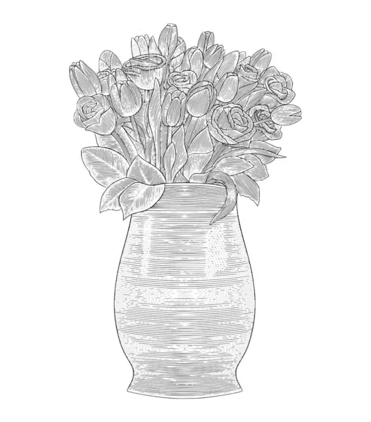 Bir vazoda lale çiçekleri, eski oyma çizim biçimi çizim biçimi illüstrasyonu