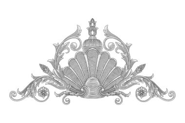 Çiçek süslemeli kabuk, klasik oymacılık biçimi çizim biçimi illüstrasyonu