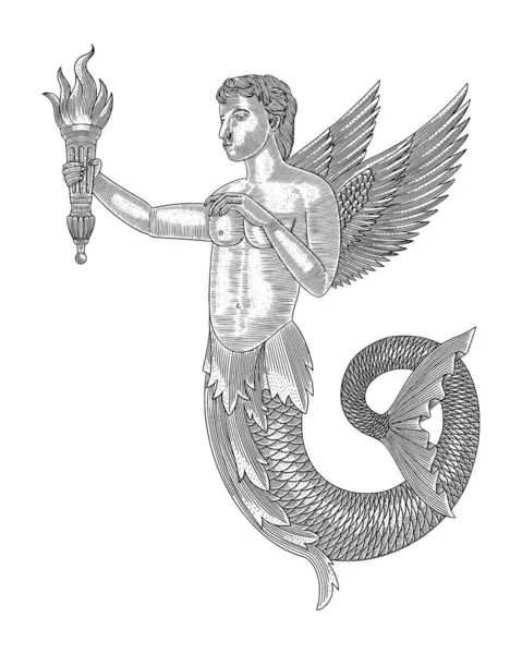 Kanatları ve yaprakları olan bir meşale tutan genç bir deniz kızı, eski model kabartma çizim tarzı vektör çizimi