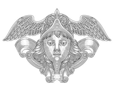 Başmelek Michael başı, Vintage oyma biçimi çizim biçimi illüstrasyonuName