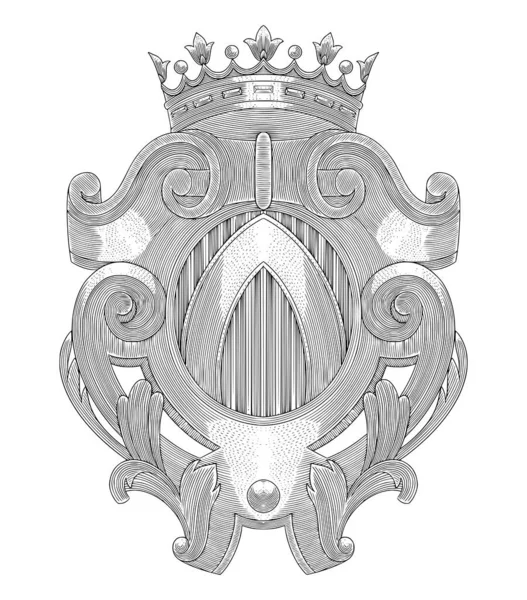 Taç ve çiçek süsü ile kalkan, eski gravür çizim stili.