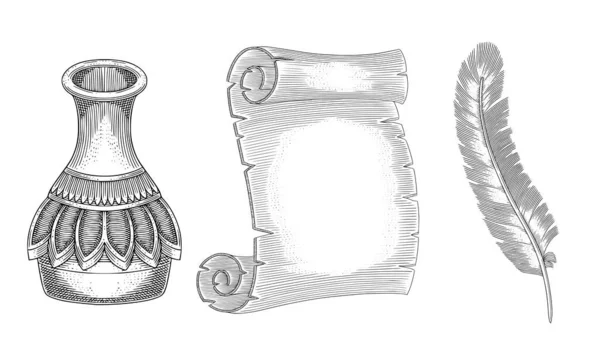 İyi mürekkep, bir rulo kağıt ve kaz tüyü. Vintage oyma biçimi vektör çizimi