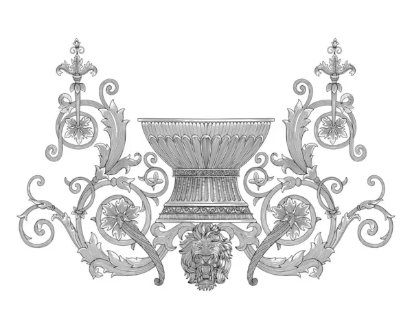 Çiçek süsü ve kızgın aslanlı antik ortaçağ vazosu, eski kabartma çizim stili.