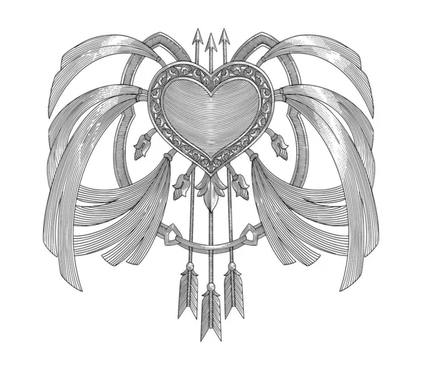 Okları ve çiçekli kanatları olan kalp, Vintage oyma stili, antika tasarım vektör çizimi