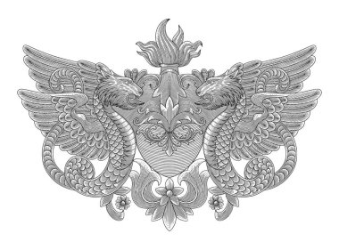 Ejderhalı kalp, çiçekli süs ve meşale, eski gravür stili, antika tasarım vektör çizimi