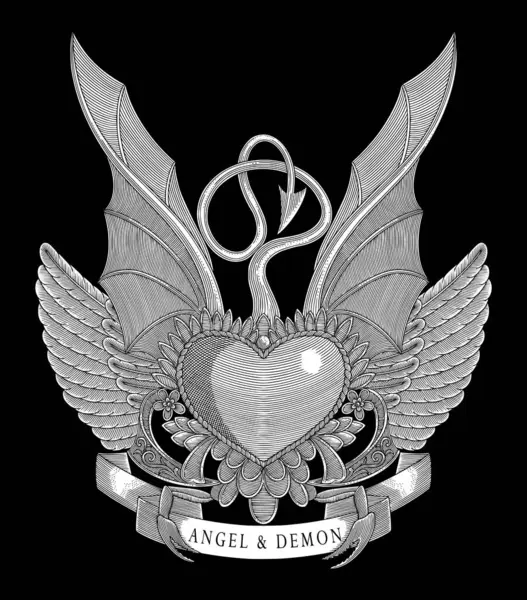 kuş ve yarasa kanatlı kalp, afiş ve çiçek süsü, vintage oyma stili, antika tasarım vektör çizimi