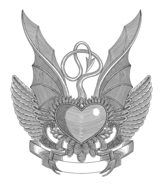 kuş ve yarasa kanatlı kalp, afiş ve çiçek süsü, vintage oyma stili, antika tasarım vektör çizimi