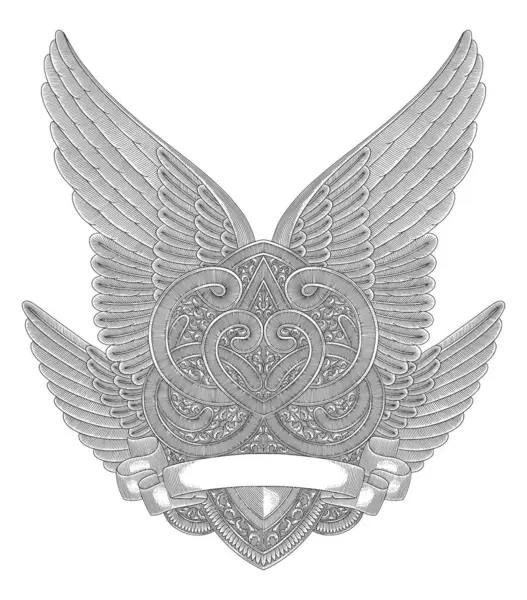 soyut kalp melek kanatları, afiş ve çiçek süsü, klasik oyma tarzı, antika tasarım vektör çizimi