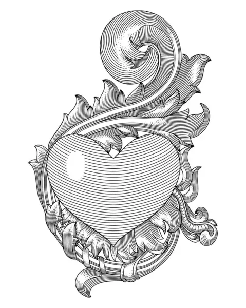 Çiçek desenli kalp, eski gravür tarzı çizim.