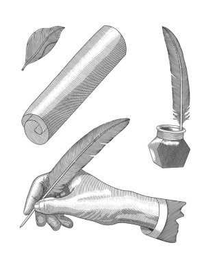 Tüylü el yazısı, mürekkep hokkası, kağıt ve yaprak rulosu, klasik gravür stili resimleme.