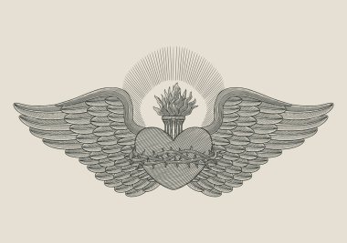 Kanatları ve dikenleri olan İsa 'nın Kutsal Kalbi, Paskalya. Hıristiyanlığın sembolü. el çizimi klasik oymacılık çizimi