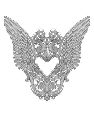 Kanatlı kalp ve çiçekli süs, eski gravür stili, antika çerçeve tasarımı çizimi illüstrasyonu