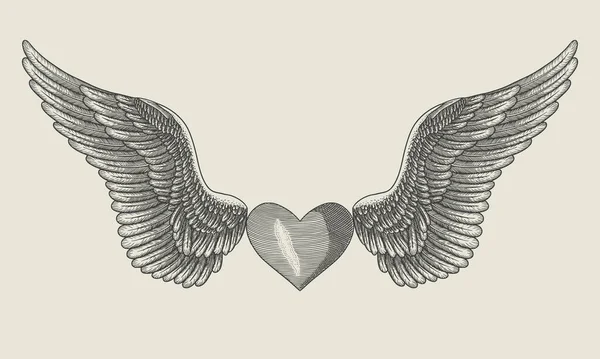 Melek kanatlı kalp, eski oyma vektör çizimi