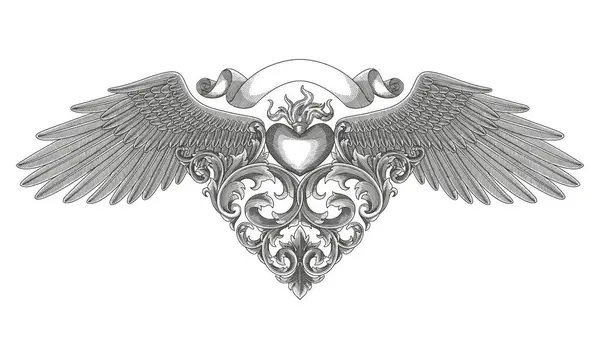 kalbi meşale, kanat, bayrak ve altın çiçekli süs, eski gravür stili, antik tasarım vektör çizimi