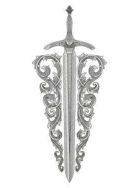 Süslü antika kılıç, eski kabartma çizim stili çizim