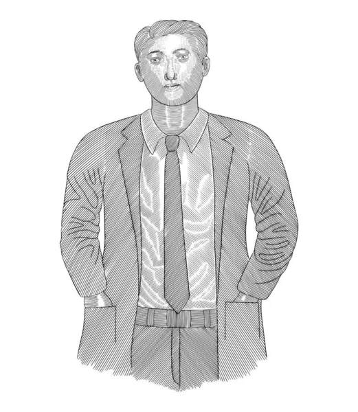  Yüzünde gülümsemeyle ayakta duran bir iş adamı, eski bir gravür çizimi.