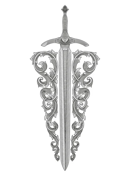 Süslü antika kılıç, eski kabartma çizim stili çizim