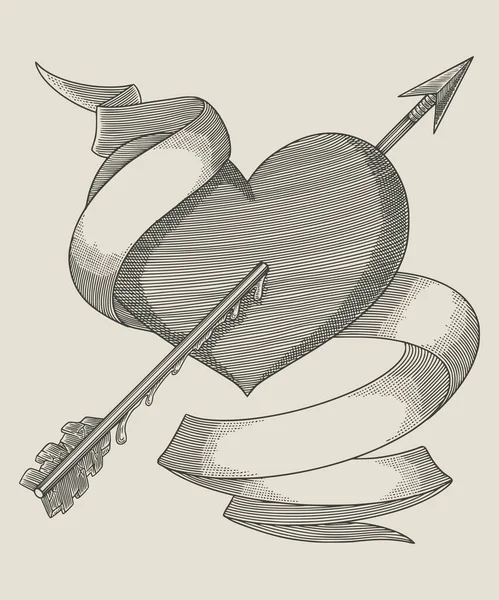 Kalbi ok ve sancakla dolu. El yapımı vintage gravür çizimi