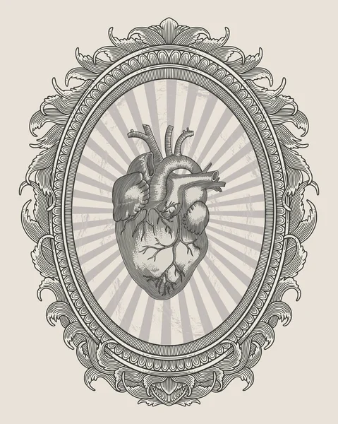 Antik bir insan kalbinin oymalı çerçeve ve süslemeli vektör çizimi