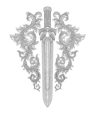 Süslü antika kılıç, eski kabartma çizim stili çizim 