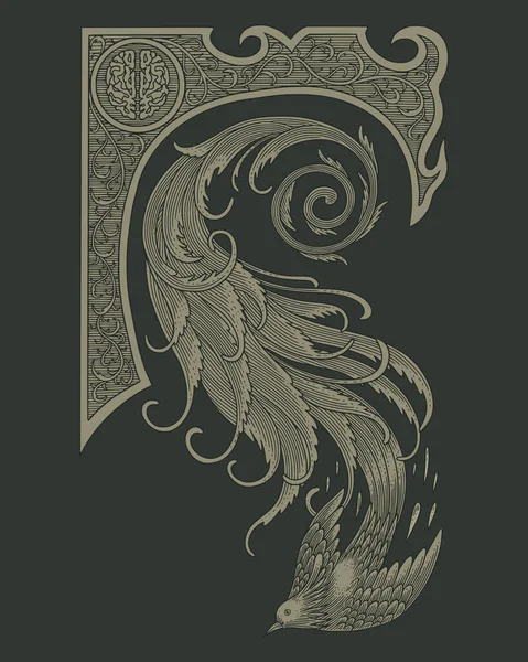  Çiçekli süslemeli ve çerçeveli bir kuş. Klasik gravür çizim stili çizimi