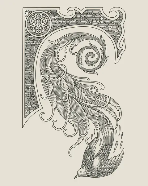  Çiçekli süslemeli ve çerçeveli bir kuş. Klasik gravür çizim stili çizimi